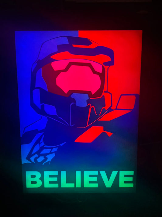 Master Chief “BELIEVE” RGB Display Light Box | Halo-Inspired LED Wall Art | Sound Reactive Gaming Decor