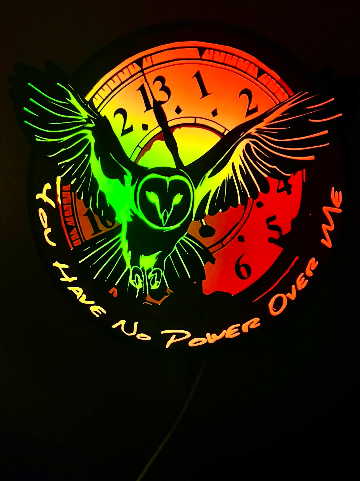 Labyrinth-Inspired RGB Owl Clock Display – “You Have No Power Over Me” – Lighted Wall Art