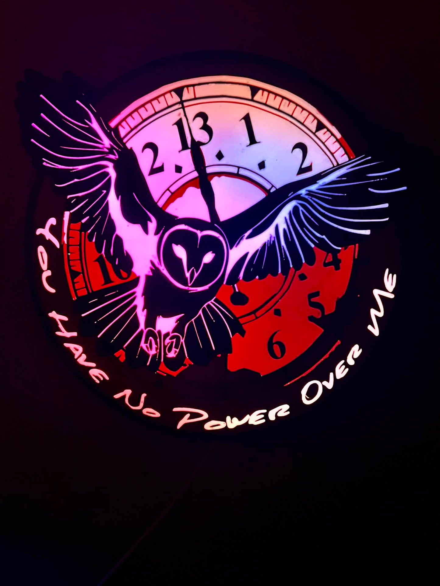 Labyrinth-Inspired RGB Owl Clock Display – “You Have No Power Over Me” – Lighted Wall Art