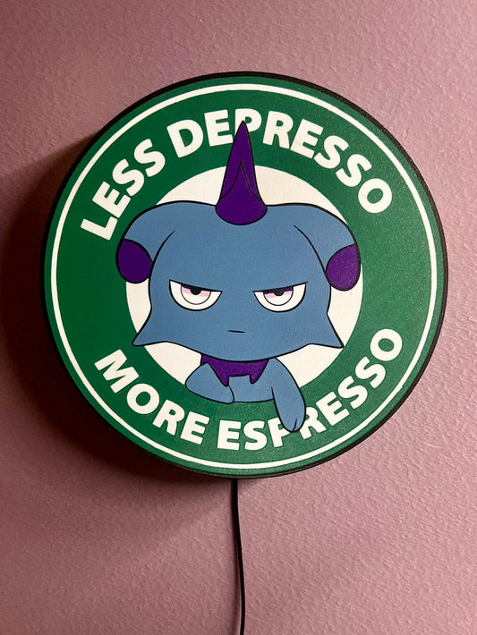 Palworld-Inspired “Less Depresso, More Espresso” RGB Display Sign – 12” Coffee Meme Gamer Wall Light