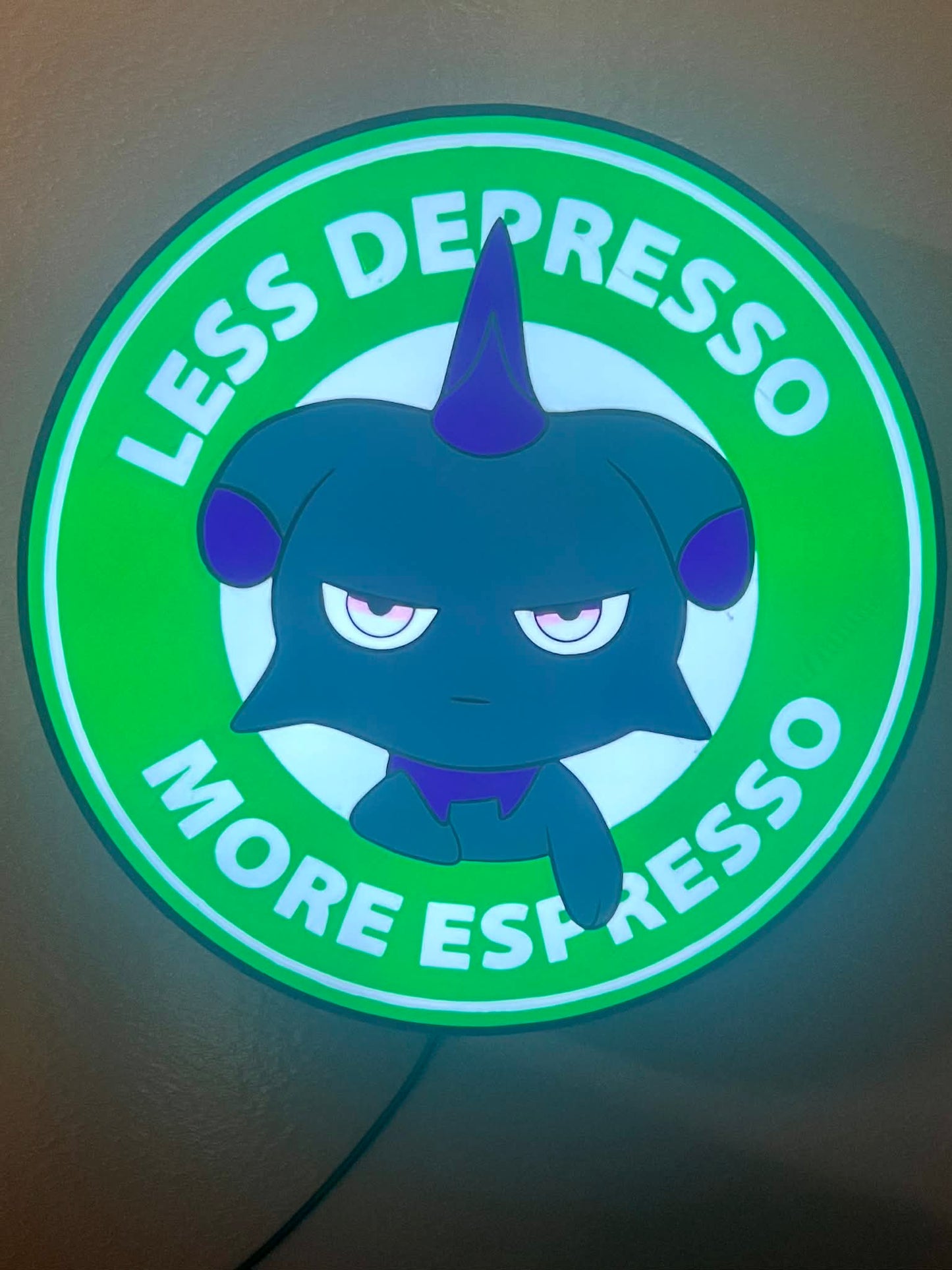 Palworld-Inspired “Less Depresso, More Espresso” RGB Display Sign – 12” Coffee Meme Gamer Wall Light
