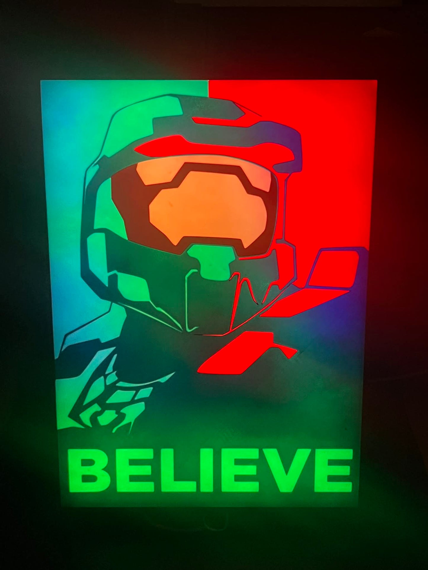 Master Chief “BELIEVE” RGB Display Light Box | Halo-Inspired LED Wall Art | Sound Reactive Gaming Decor